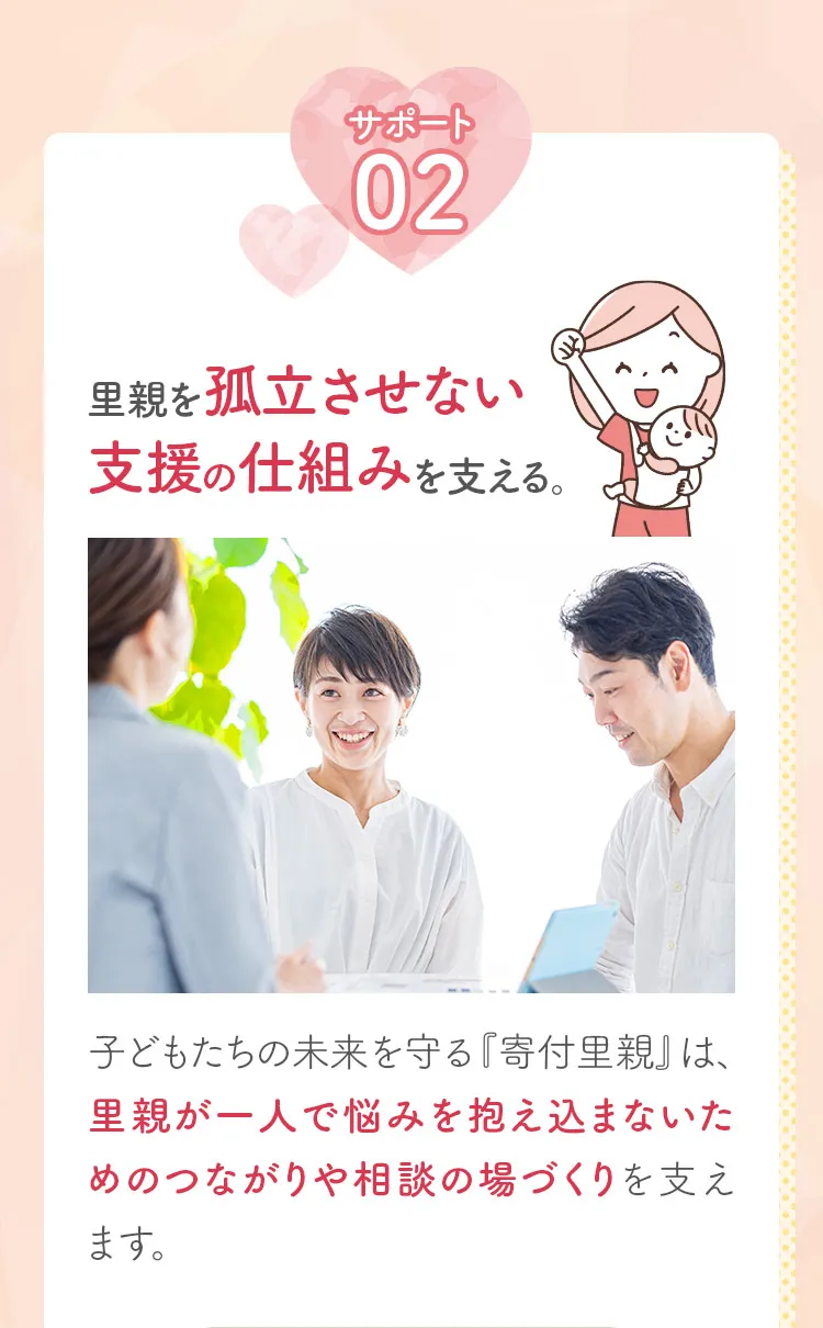 サポート2。里親を孤立させない支援の仕組みを支える。子どもたちの未来を守る『寄付里親』は、里親が一人で悩みを抱え込まないためのつながりや相談の場づくりを支えます。