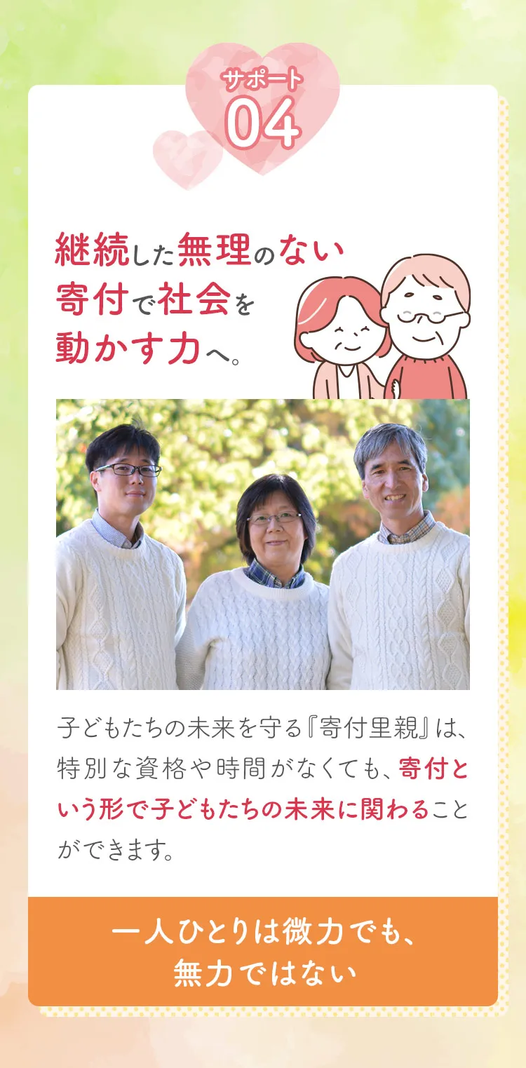 サポート4。継続した無理のない寄付で社会を動かす力へ。子どもたちの未来を守る『寄付里親』は、特別な資格や時間がなくても、寄付という形で子どもたちの未来に関わることができます。一人ひとりは微力でも、無力ではない。