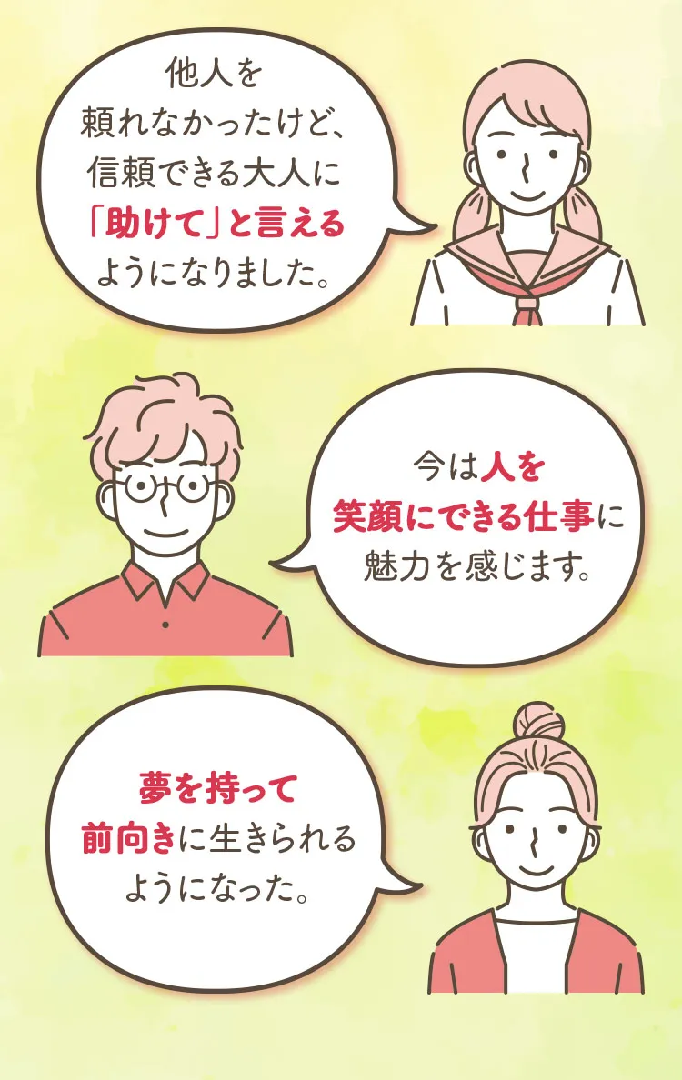 他人を頼れなかったけど、信頼できる大人に「助けて」と言えるようになりました。今は人を笑顔にできる仕事に魅力を感じます。夢を持って前向きに生きられるようになった。